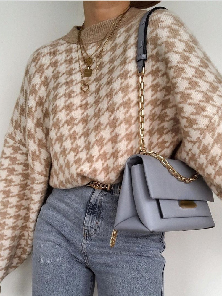 Mydie - Pull à Carreaux Beige/Blanc pour Femmes