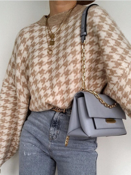 Mydie - Pull à Carreaux Beige/Blanc pour Femmes