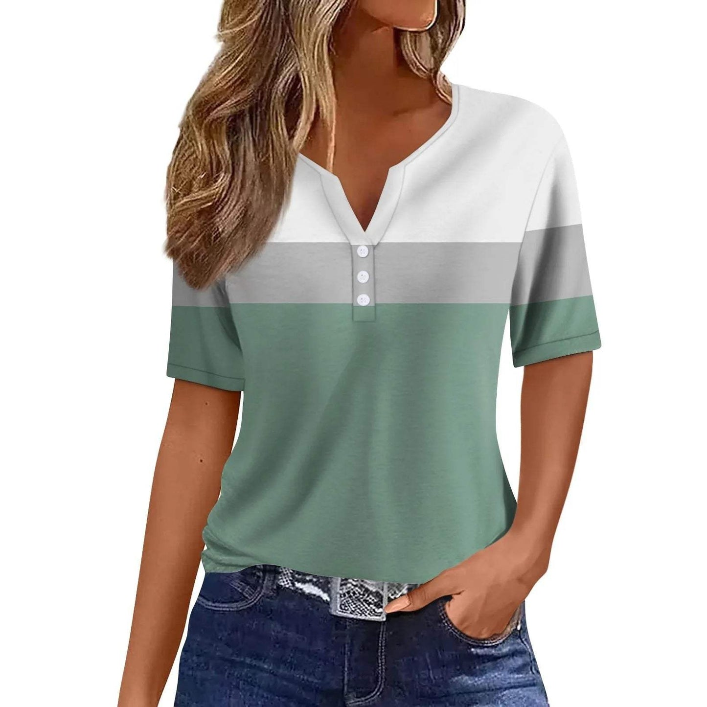 T-shirt femme - Rayé - Matière douce - Col en V - Idéal pour tous les jours - boutons