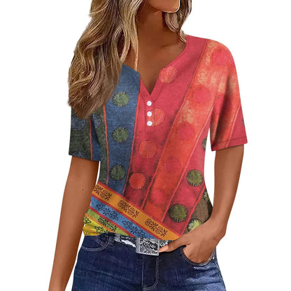 T-shirt femme - Rayé - Matière douce - Col en V - Idéal pour tous les jours - boutons