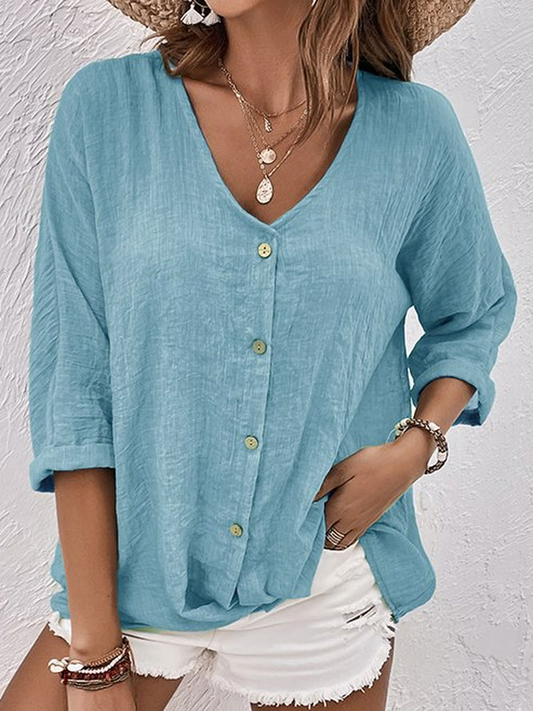 CANDICE | Chemise à col V en lin bleu à la mode