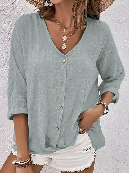 CANDICE | Chemise à col V en lin bleu à la mode