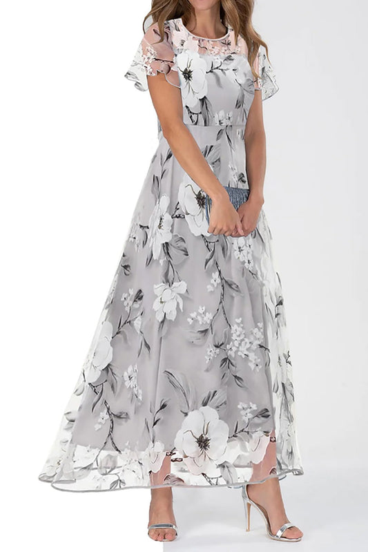 Robe longue de vacances à manches courtes et encolure ronde avec fermeture à glissière