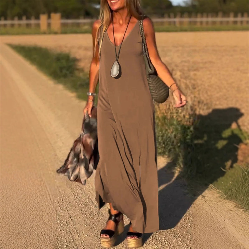 Robe longue élégante sans manches avec décolleté en V