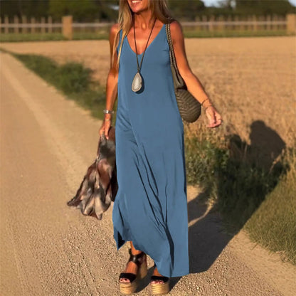 Robe longue élégante sans manches avec décolleté en V