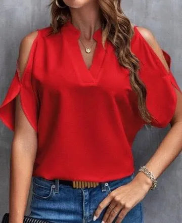 Top pour femmes - Elégant - épaules ouvertes, col en V, tissu léger - Parfait pour les sorties d'été