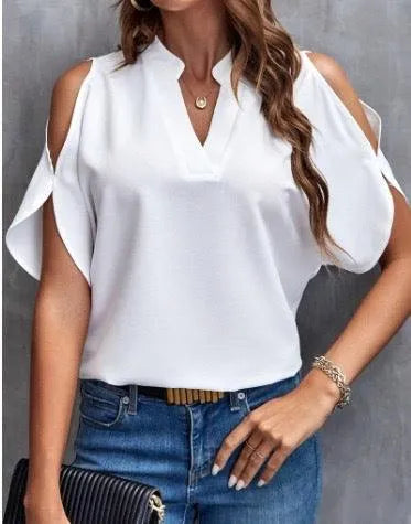 Top pour femmes - Elégant - épaules ouvertes, col en V, tissu léger - Parfait pour les sorties d'été