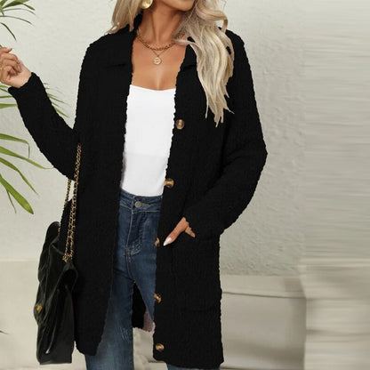 Kourtney - Long Gilet Tricoté en Tissu Doux de Peluche avec Poches pour Femmes