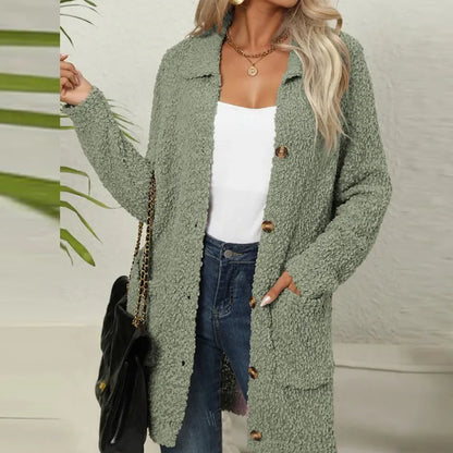 Kourtney - Long Gilet Tricoté en Tissu Doux de Peluche avec Poches pour Femmes