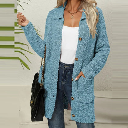 Kourtney - Long Gilet Tricoté en Tissu Doux de Peluche avec Poches pour Femmes