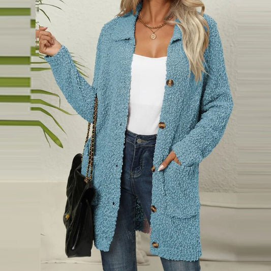 Kourtney - Long Gilet Tricoté en Tissu Doux de Peluche avec Poches pour Femmes
