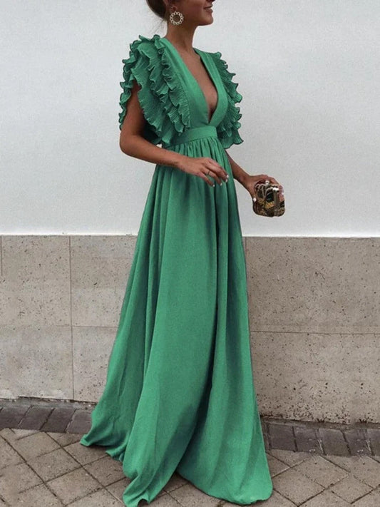 Helena - Élégante robe à col en V et manches froufroutantes
