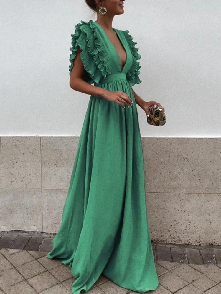 Helena - Robe élégante avec encolure en V et manches froufroutantes