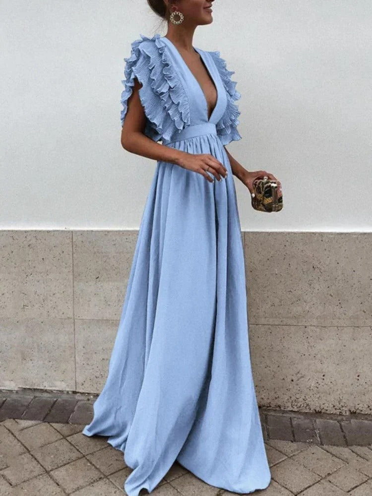 Helena - Élégante robe à col en V et manches froufroutantes