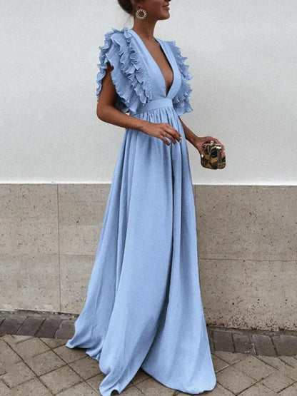 Helena - Élégante robe à col en V et manches froufroutantes