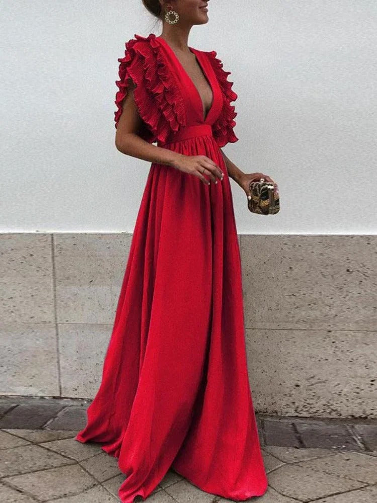 Helena - Élégante robe à col en V et manches froufroutantes