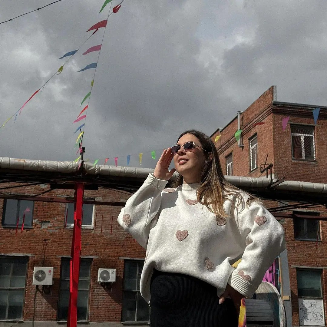 Élégant pull-over tricoté avec motif en forme de cœur pull-over avec motif en forme de cœur pour femmes