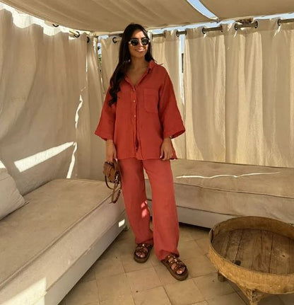 Ensemble et pantalon à manches longues en coton de soie